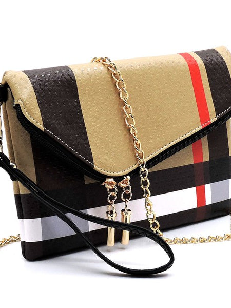 Designer Burnbury Envelope Clutch by Babe Beachwear with beige and black plaid pattern and gold chain strap