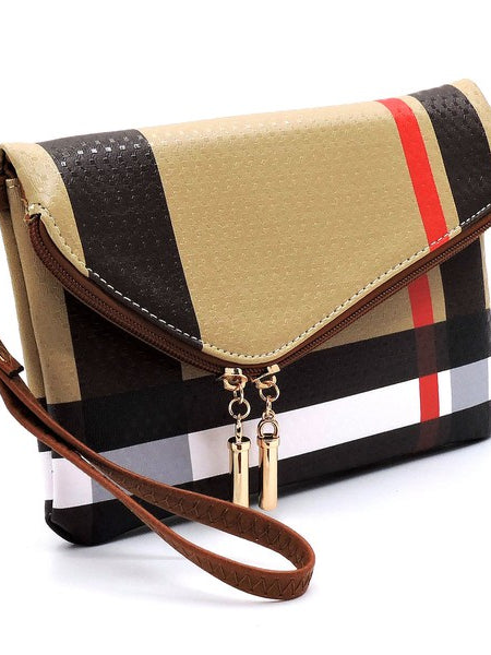 Designer Burnbury Envelope Clutch by Babe Beachwaer with plaid pattern and wrist strap