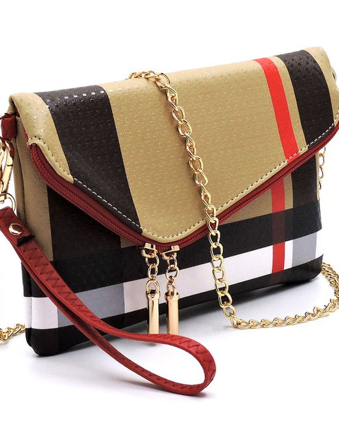 Designer Burnbury Envelope Clutch by Babe Beachwear with gold chain and striped pattern