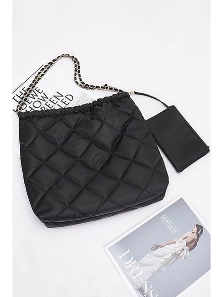 Babe Beachwear Designer Look Nylon Shoulder Bag in black with quilted design and chain straps