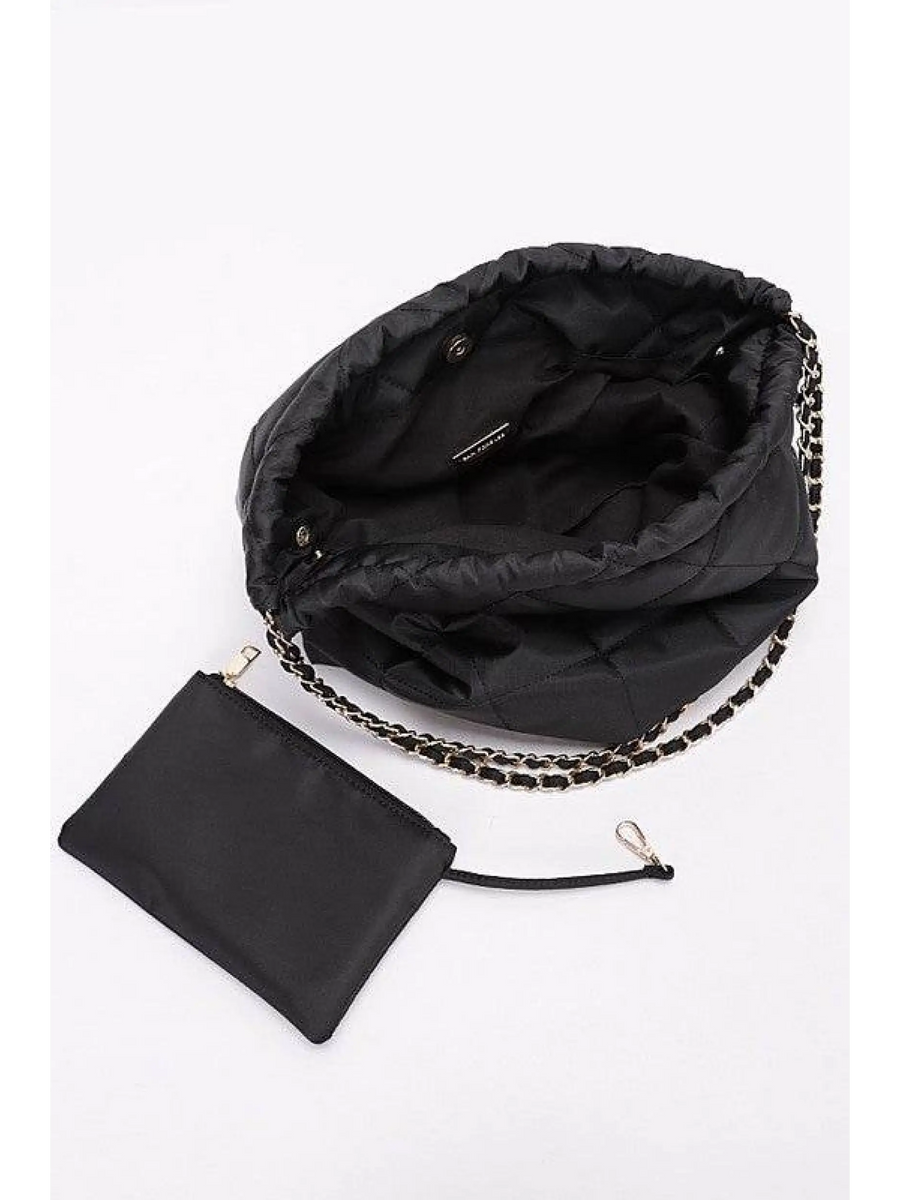 Babe Beachwear Designer Look Nylon Shoulder Bag in black with chain strap and matching pouch