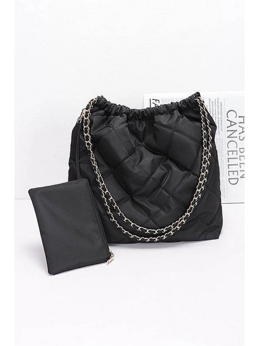 Designer Look Nylon Shoulder Bag in black with chain straps and matching black pouch