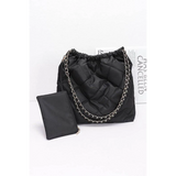 Designer Look Nylon Shoulder Bag in black with chain straps and matching black pouch