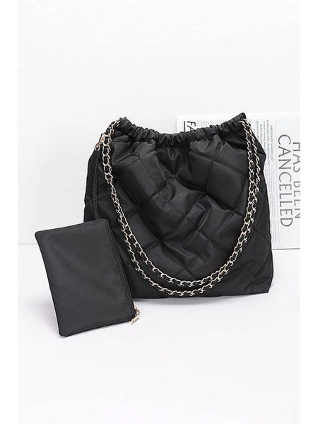 Designer Look Nylon Shoulder Bag in black with chain straps and matching black pouch