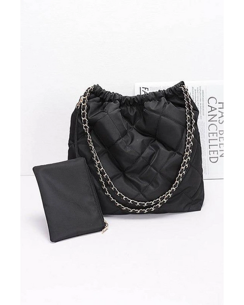 Designer Look Nylon Shoulder Bag in black with chain straps and matching black pouch