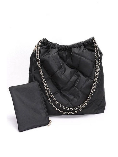 Babe Beachwaer Designer Look Nylon Shoulder Bag in black with quilted design and chain strap with matching pouch
