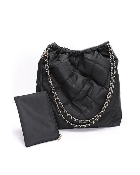 Babe Beachwaer Designer Look Nylon Shoulder Bag in black with quilted design and chain strap with matching pouch