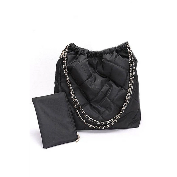 Babe Beachwaer Designer Look Nylon Shoulder Bag in black with quilted design and chain strap with matching pouch