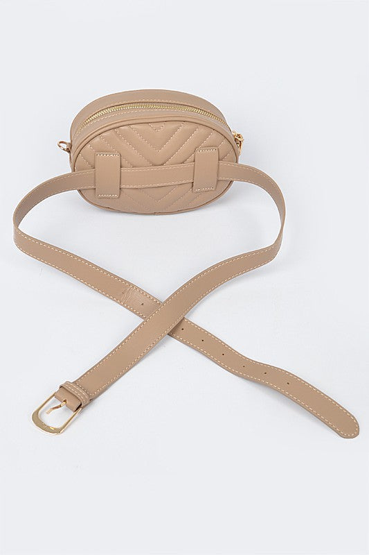 Babe Beachwear Designer Style Logo Belt Bag in tan with quilted pattern and gold zipper