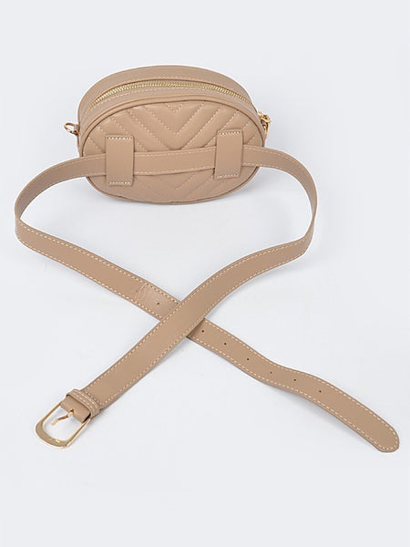 Babe Beachwear Designer Style Logo Belt Bag in tan with quilted pattern and gold zipper