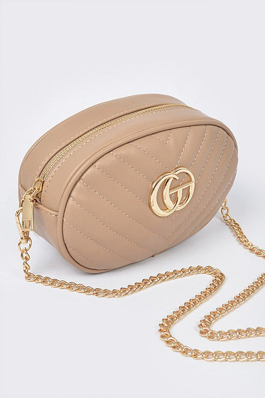 Babe Beachwear Designer Style Logo Belt Bag in beige with gold chain strap and quilted design