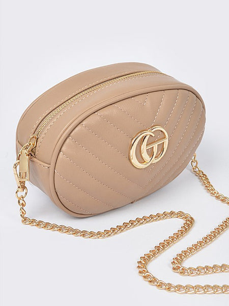 Babe Beachwear Designer Style Logo Belt Bag in beige with gold chain strap and quilted design