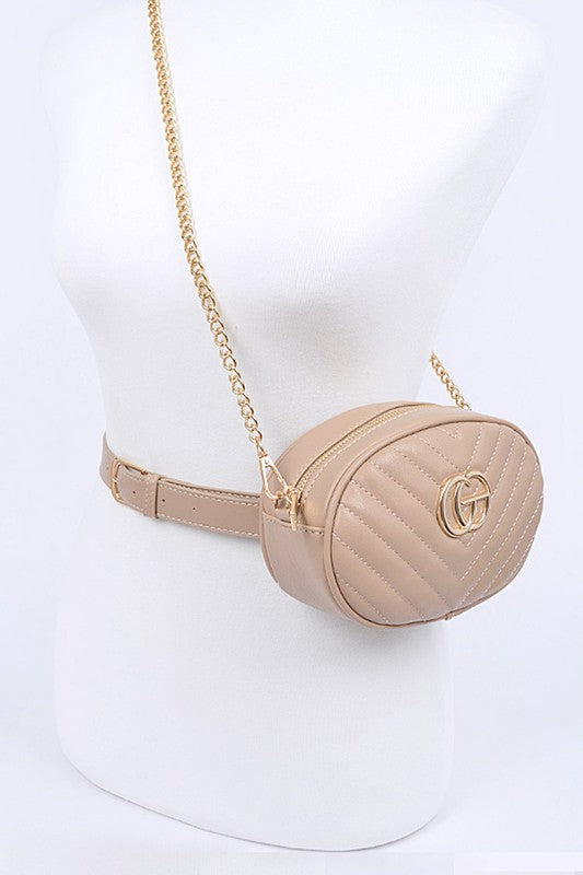 Beige Designer Style Logo Belt Bag with gold chain strap and quilted pattern by Babe Beachwaer