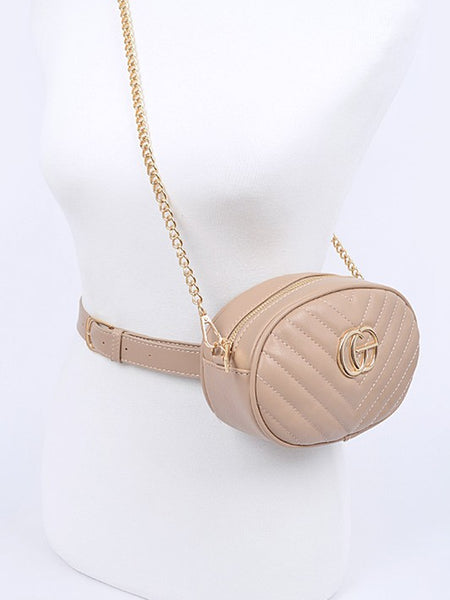 Beige Designer Style Logo Belt Bag with gold chain strap and quilted pattern by Babe Beachwaer