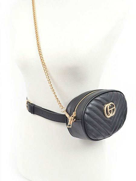 Designer Style Logo Belt Bag by Babe Beachware in black with gold chain and logo detail