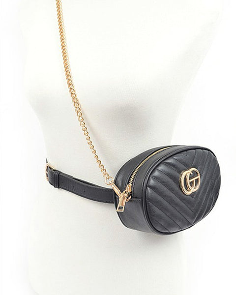 Designer Style Logo Belt Bag by Babe Beachware in black with gold chain and logo detail