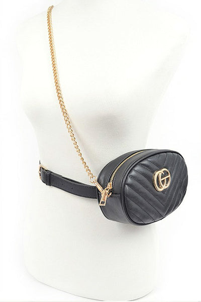 Designer Style Logo Belt Bag by Babe Beachware in black with gold chain and logo detail