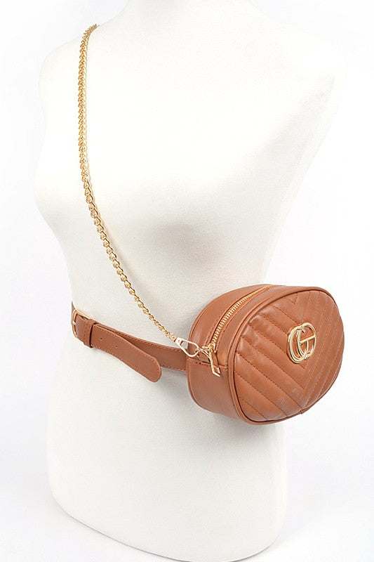 Babe Beachwear Designer Style Logo Belt Bag in brown with quilted pattern and gold chain detail