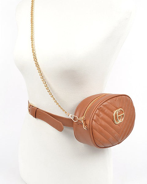 Babe Beachwear Designer Style Logo Belt Bag in brown with quilted pattern and gold chain detail
