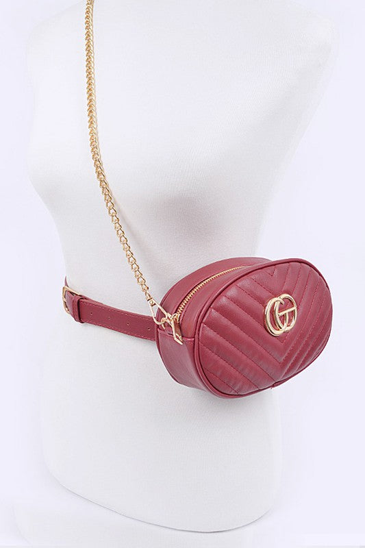 Babe Beachwear Designer Style Logo Belt Bag in red with gold chain and quilted pattern