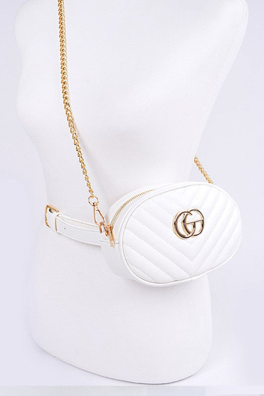 White Designer Style Logo Belt Bag with gold chain and logo detail from Babe Beachwaer