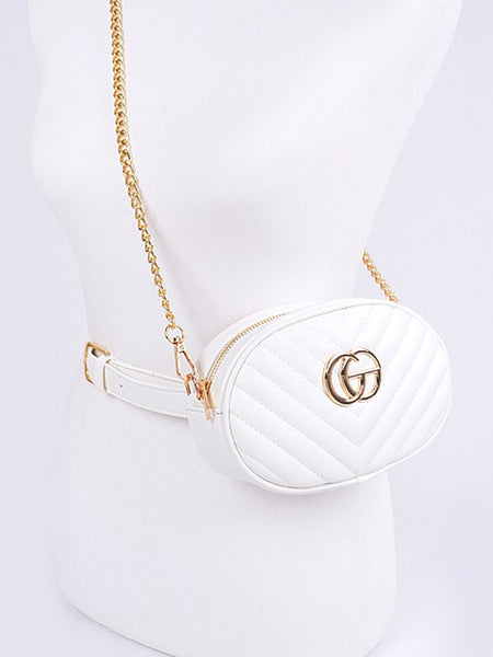 White Designer Style Logo Belt Bag with gold chain and logo detail from Babe Beachwaer