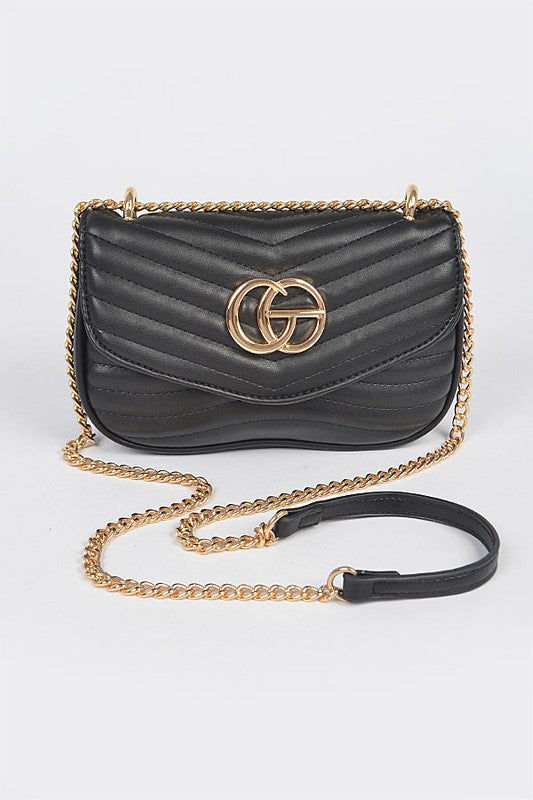 Artini Accessories black designer style quilted chain bag with gold chain strap and logo detail