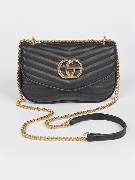 Artini Accessories black designer style quilted chain bag with gold chain strap and logo detail