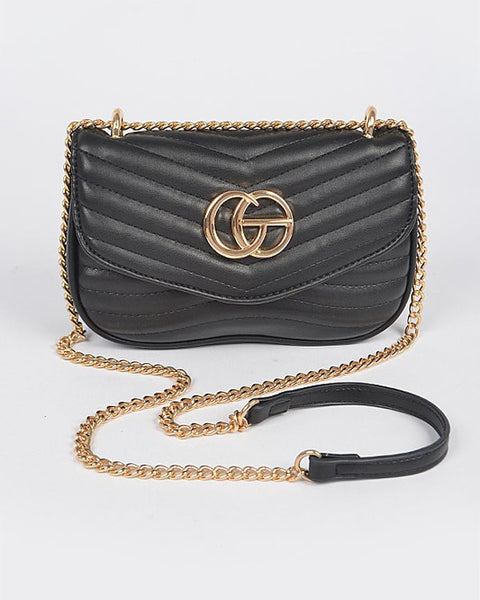 Artini Accessories black designer style quilted chain bag with gold chain strap and logo detail