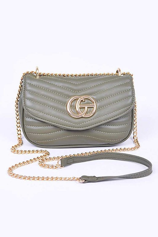 Artini Accessories designer style quilted chain bag in gray with gold hardware and adjustable strap