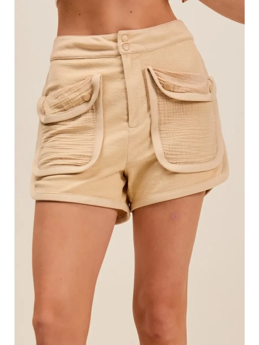 Trendsi beige high rise cargo shorts with large front pockets and double button closure