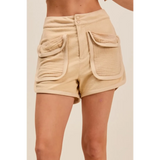 Trendsi beige high rise cargo shorts with large front pockets and double button closure