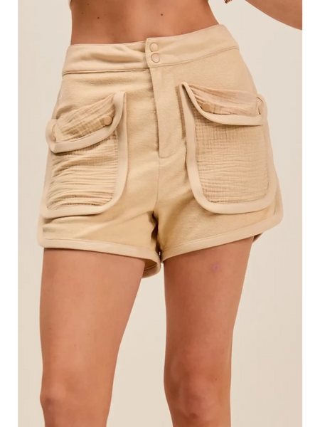 Trendsi beige high rise cargo shorts with large front pockets and double button closure