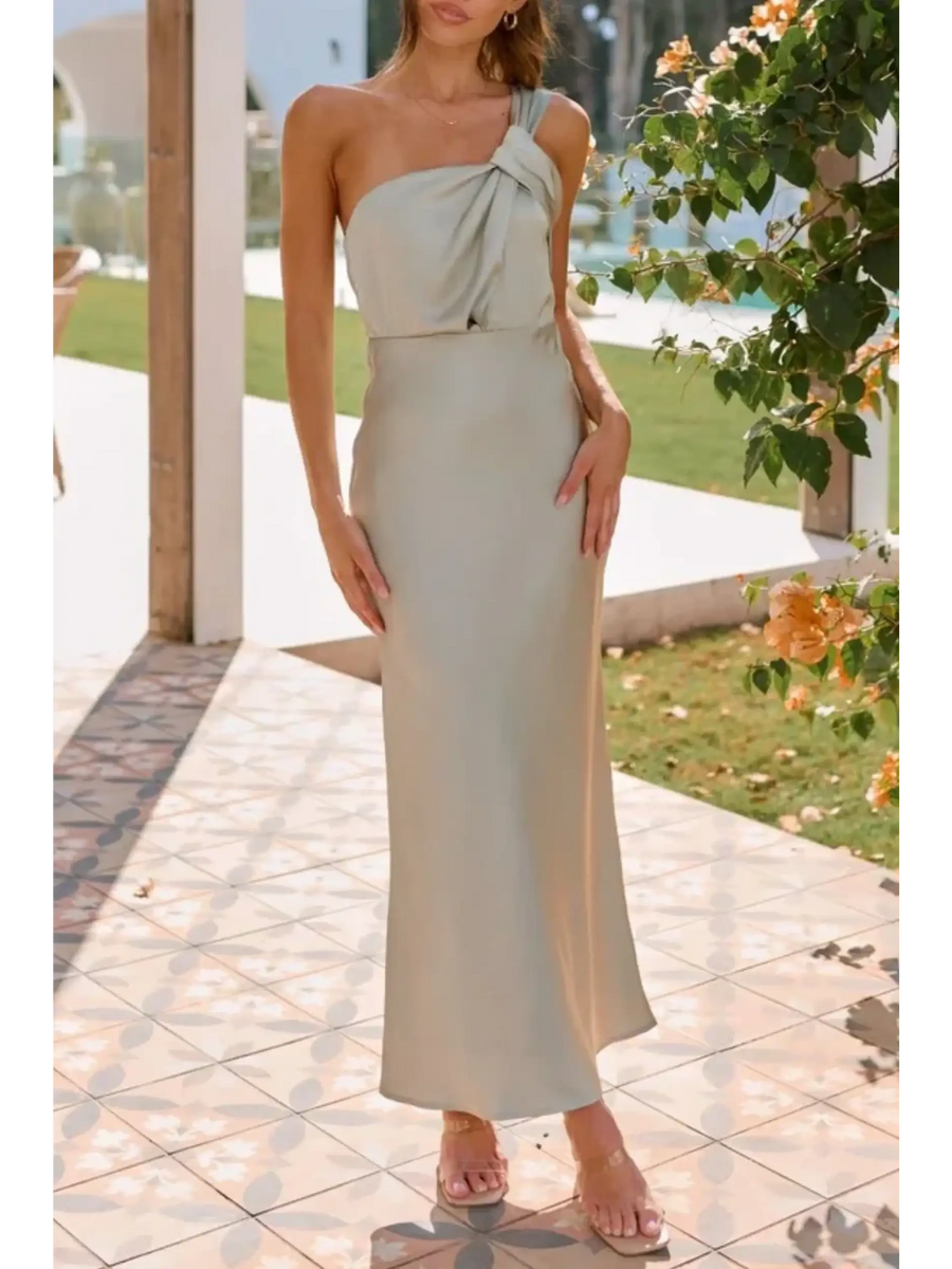 Trendsi light green midi dress with one shoulder bow detail perfect as a dressy dinner dress