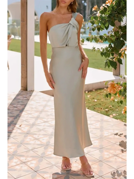 Trendsi light green midi dress with one shoulder bow detail perfect as a dressy dinner dress