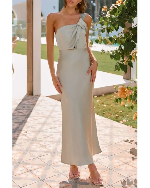 Trendsi light green midi dress with one shoulder bow detail perfect as a dressy dinner dress