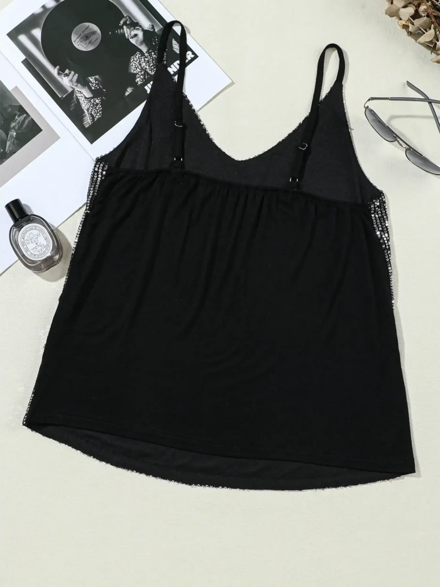 Black Trendsi tank top dressy summer cami for beachwear with adjustable straps laid flat with sunglasses and perfume