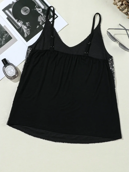 Black Trendsi tank top dressy summer cami for beachwear with adjustable straps laid flat with sunglasses and perfume