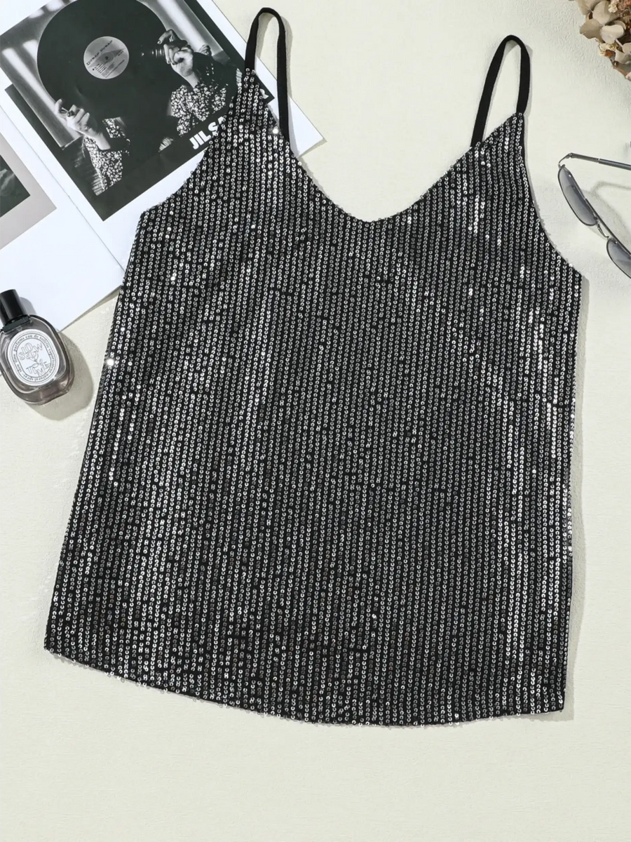 Trendsi black sequin tank top dressy summer cami for beachwear with thin straps on white background