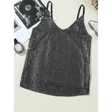 Trendsi black sequin tank top dressy summer cami for beachwear with thin straps on white background
