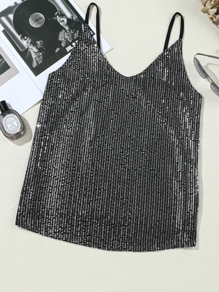 Trendsi black sequin tank top dressy summer cami for beachwear with thin straps on white background