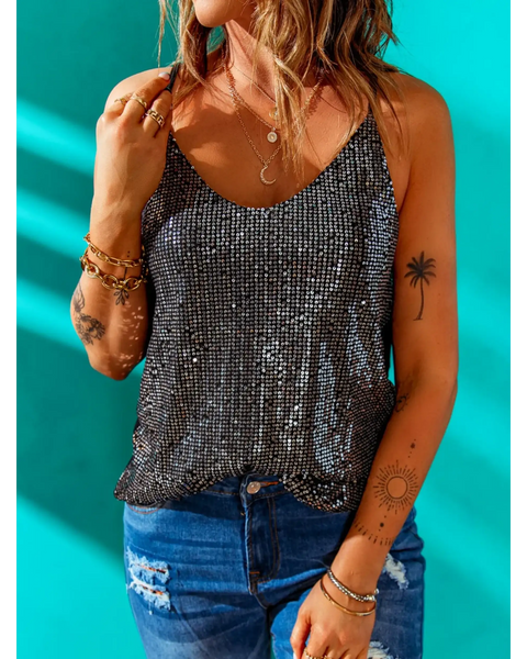 Trendsi dressy summer cami for beachwear in black sequined tank top paired with blue distressed jeans