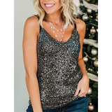 Trendsi black sequin tank top dressy summer cami for beachwear with thin straps and v-neck