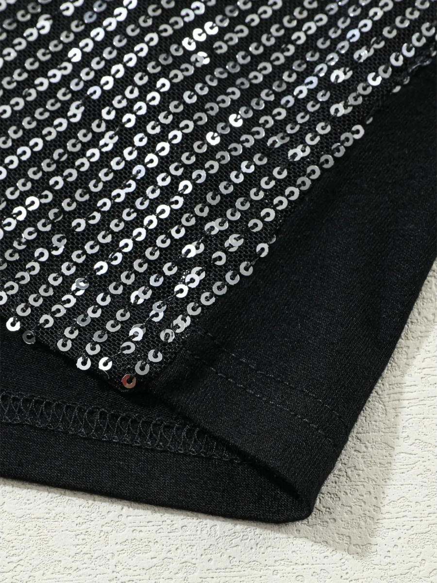 Close-up of Trendsi black dressy summer cami for beachwear with silver sequin detailing on tank top fabric