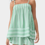 Trendsi smocked cami and shorts set in green and white vertical stripes with adjustable straps