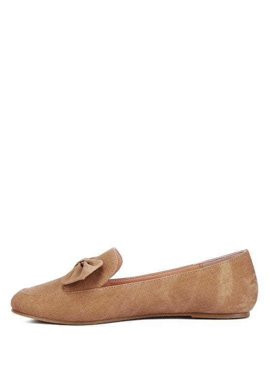 Rag Company women's denim bow loafers in tan suede with decorative bow detail