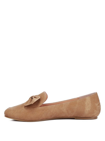 Rag Company women's denim bow loafers in tan suede with decorative bow detail