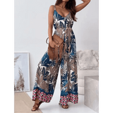 Trendsi Earth Toned Tropical Jumpsuit with sleeveless design and wide leg pants featuring leafy print