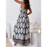 Trendsi Earth Toned Tropical Jumpsuit with sleeveless design and intricate blue and beige pattern