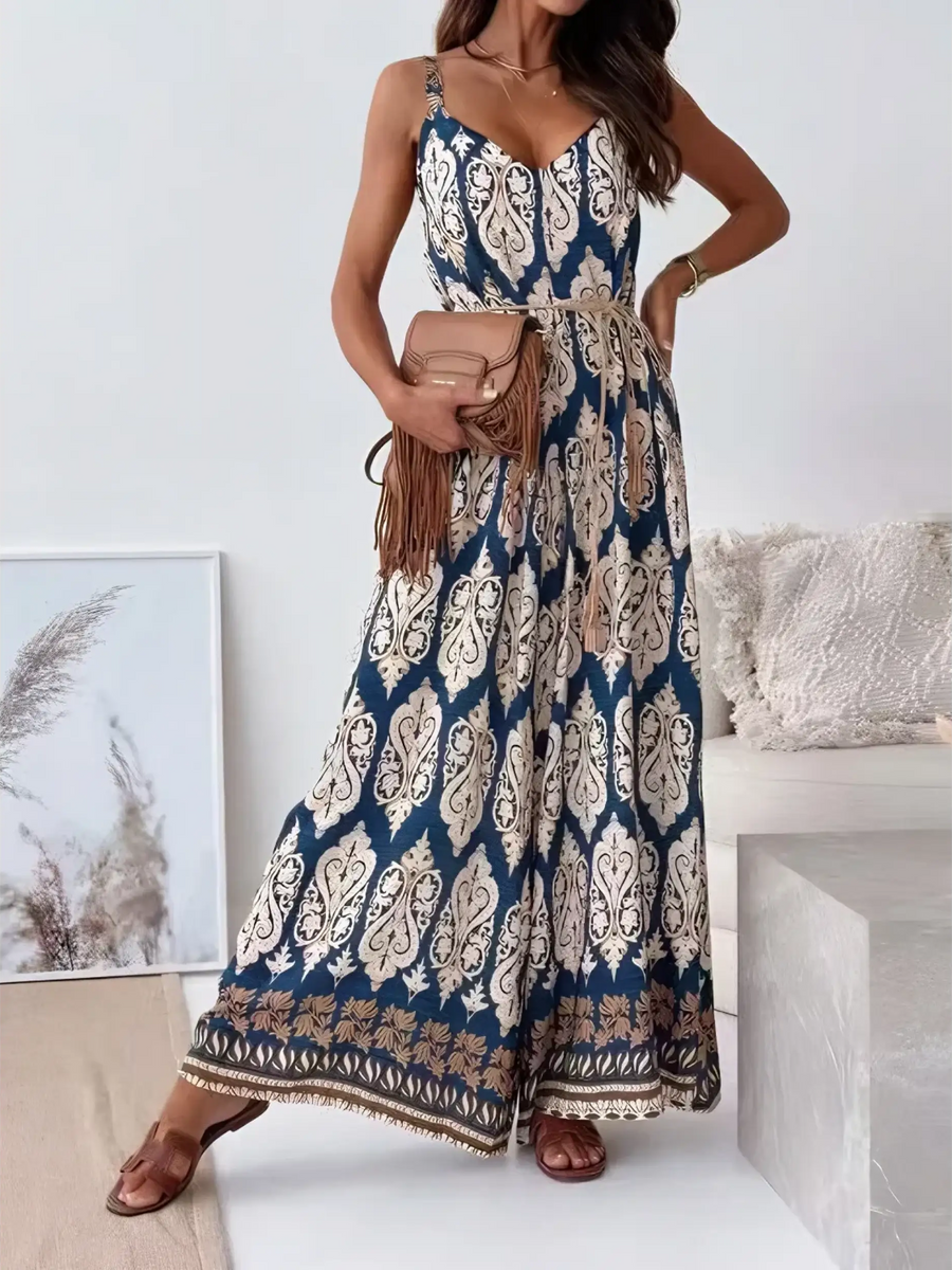 Trendsi Earth Toned Tropical Jumpsuit with adjustable straps and relaxed fit for casual wear